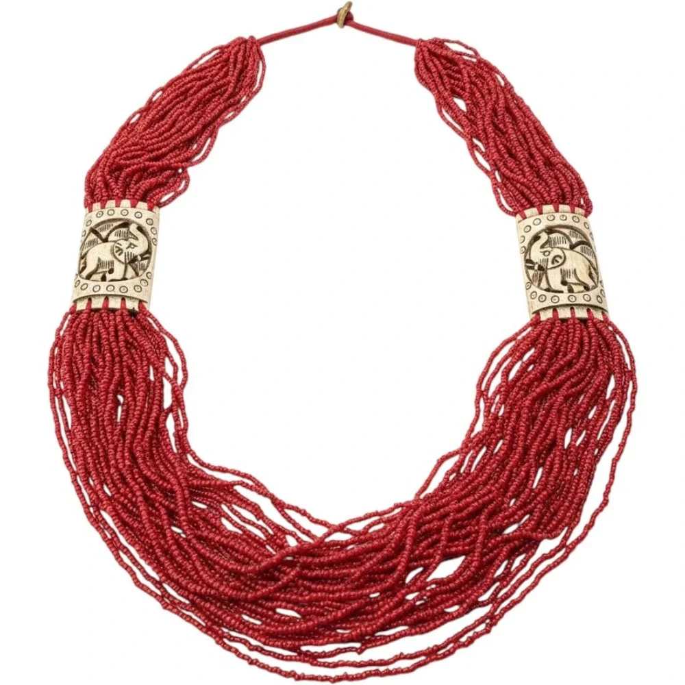 Vintage‎ Red Multi Strand Seed Bead Elephant Carved Statement Necklace Boho